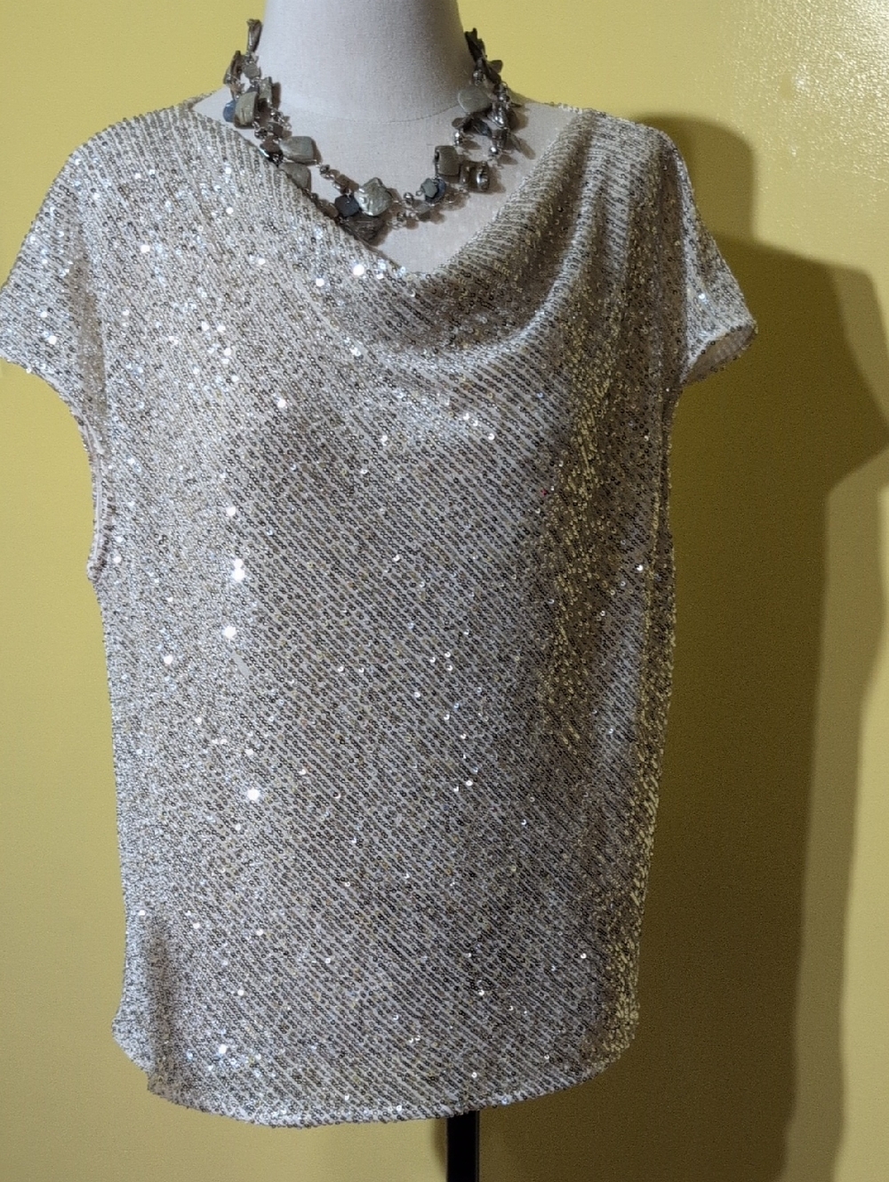 CeCe Champagne Sequin Cowl Neck Top